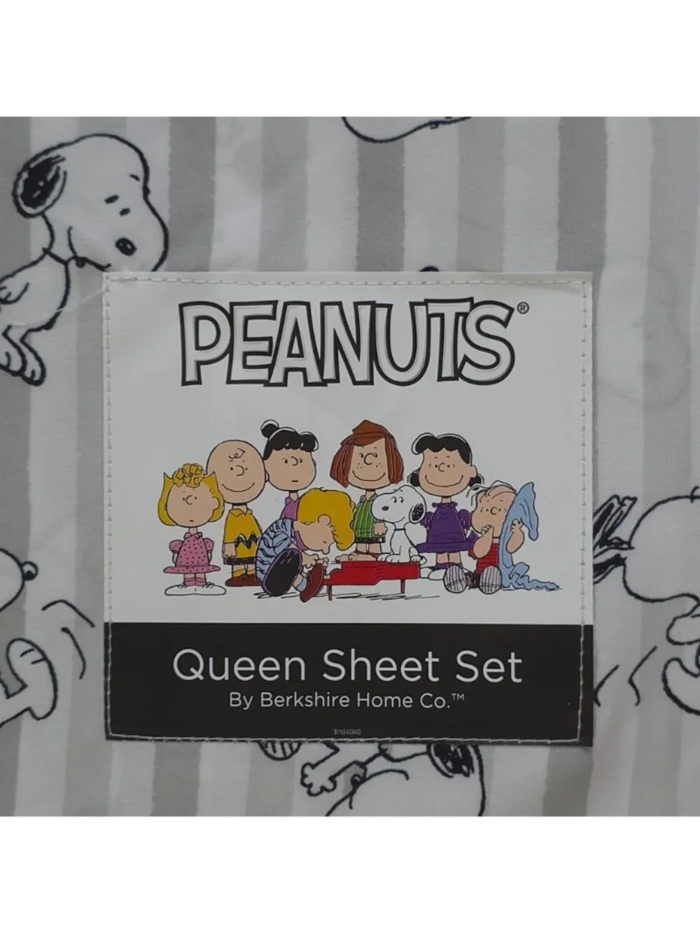 Peanuts Queen Sheet Set By Berkshire Snoopy & Woodstock Gray & White Stripes
